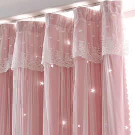 网红款成品窗帘公主风遮光卧室镂空星星飘窗帘免打孔安装