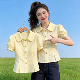 时尚纯色短袖衬衫夏季新款小个子甜美娃娃设计气质收腰开衫上衣