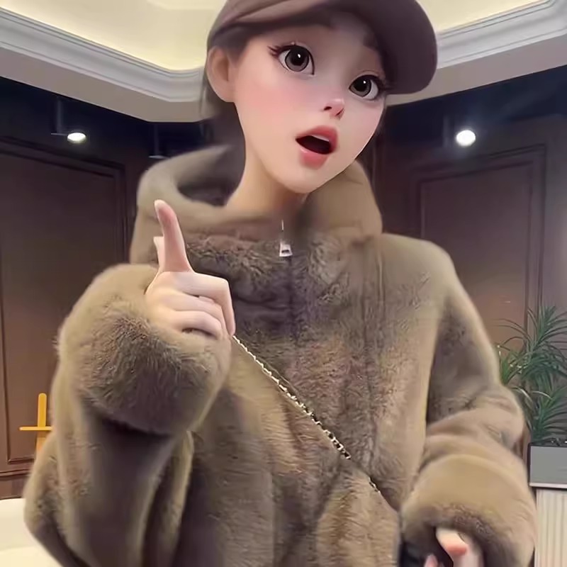 欧货重磅2025年秋冬季新款女高级感仿水貂毛连帽短款毛绒皮草外套