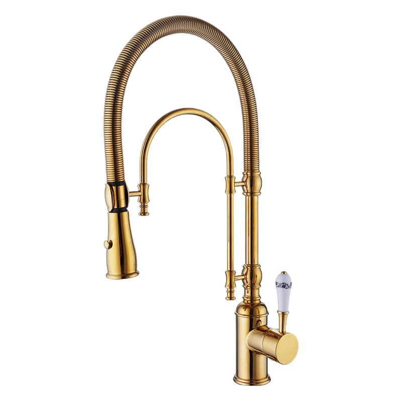Suministro transfronterizo hogar tire primavera grifo cepillado oro caliente y fría de doble uso multi-funcional grifo de la cocina al por mayor