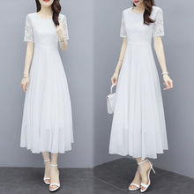 高品质白色蕾丝连衣裙女春夏季新款短袖气质仙女雪纺长款长裙子