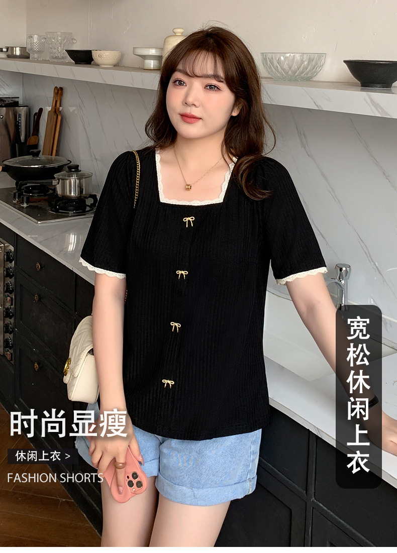 Talla grande mujer gorda mm manga corta camiseta verano 2025 nuevo 200 jin suelto máscara delgada cuello cuadrado top floral pic 1