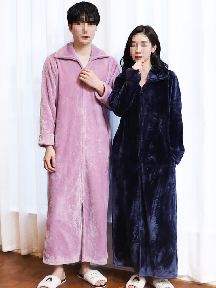 잠옷 여성용 겨울 플란넬 게으른 지퍼 나이트가운 남성용 느슨한 겉옷 커플 잠옷 봄 · 가을 목욕 가운