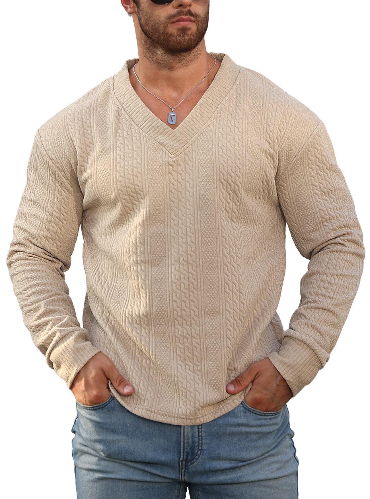 Transfronterizo Europa y América Amazon primavera y otoño ropa de hombre Jacquard de color sólido camiseta de fondo suelta de cuello V camiseta deportiva casual hombre