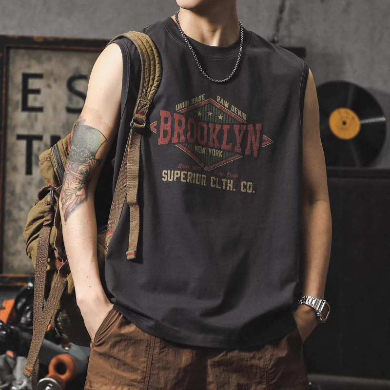 American Retro Men's Sleeveless T-Shirt Summer Thin Casual Sports Loose Round Neck Pure Cotton Printed Top American Retro Men's Sleeveless T-Shirt Summer Thin Casual Sports Loose Round Neck Pure Cotton Printed Top