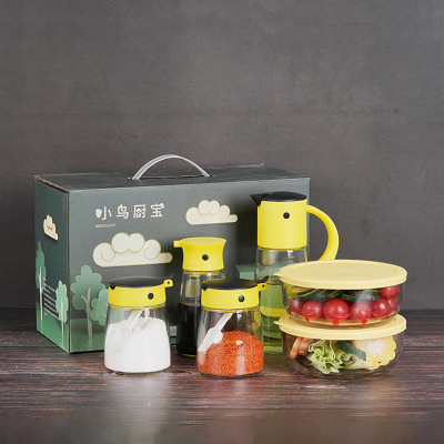 小鸟玻璃油壶六件套调味罐套装定制创意厨房用品调料瓶礼品LOGO