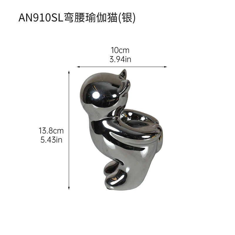 Adornos de gato de cerámica plateada, sala de estar, mueble de TV, mueble de vino, porche para el hogar, estantería de escritorio, decoraciones suaves