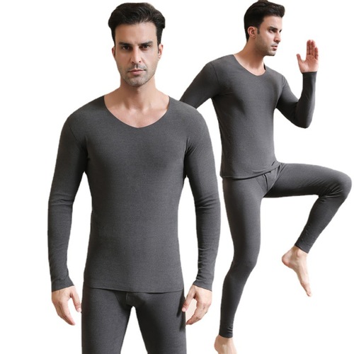 Men's warm innerwear set with extra thick heating base layer round neck seamless V-neck autumn top and trousers for winter