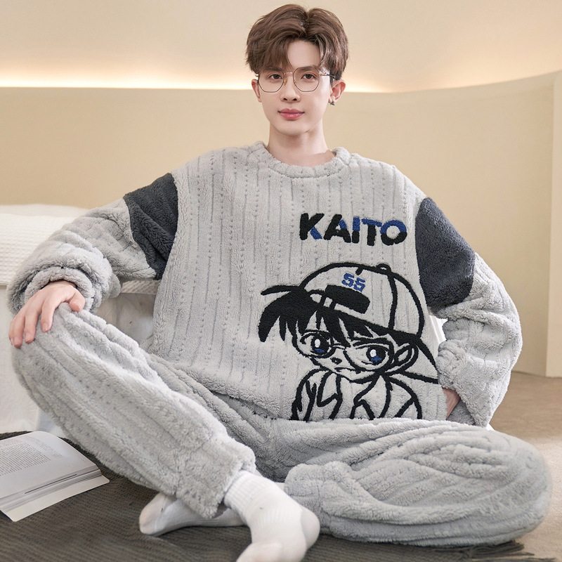 珊瑚绒睡衣男款秋冬季加绒加厚青少年初中学生大码法兰绒保暖套装|undefined