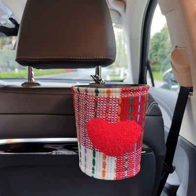 Car tissue box/set – style, trendy car tissue bag, hanging - red-heart-shaped-fabric-trash-can-clip-on-style