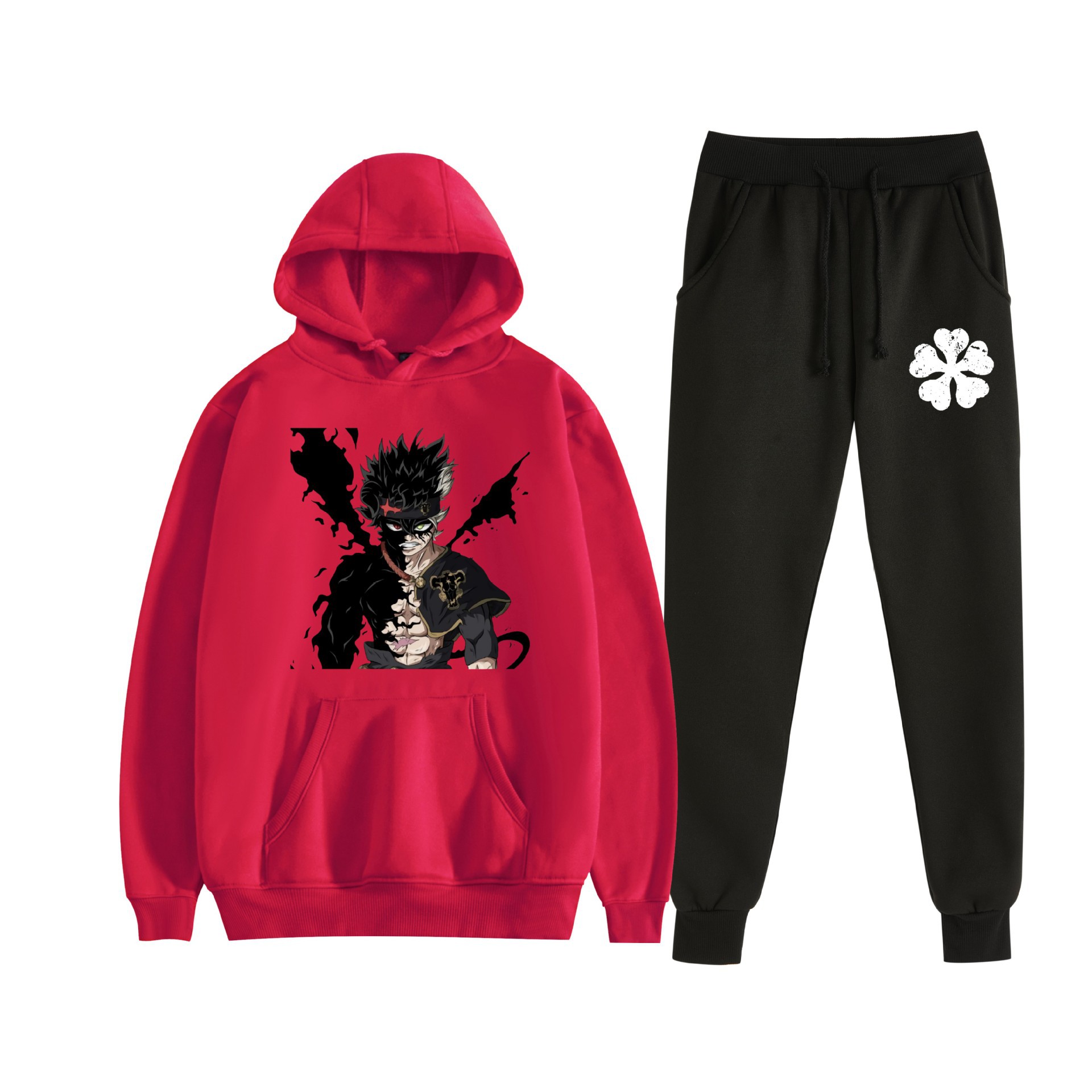 Europa y América otoño e invierno negro trébol de cuatro hojas periférico bidimensional hombres y mujeres deportes de ocio más suéter con capucha de terciopelo traje al por mayor