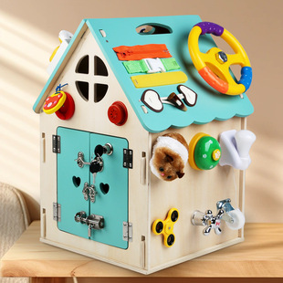 Wooden Montessori Busy House Children's Early Education Busy Box Unlocking Dressing and Knocking Piano Concentration Training Toy