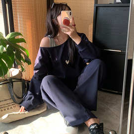 子元2026年春季新款大码女装露肩卫衣假两件+宽松休闲卫裤9206AB