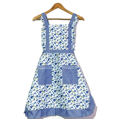 田园风双肩背带围裙碎花韩版双层厨房工作服时尚可爱保洁花边围腰