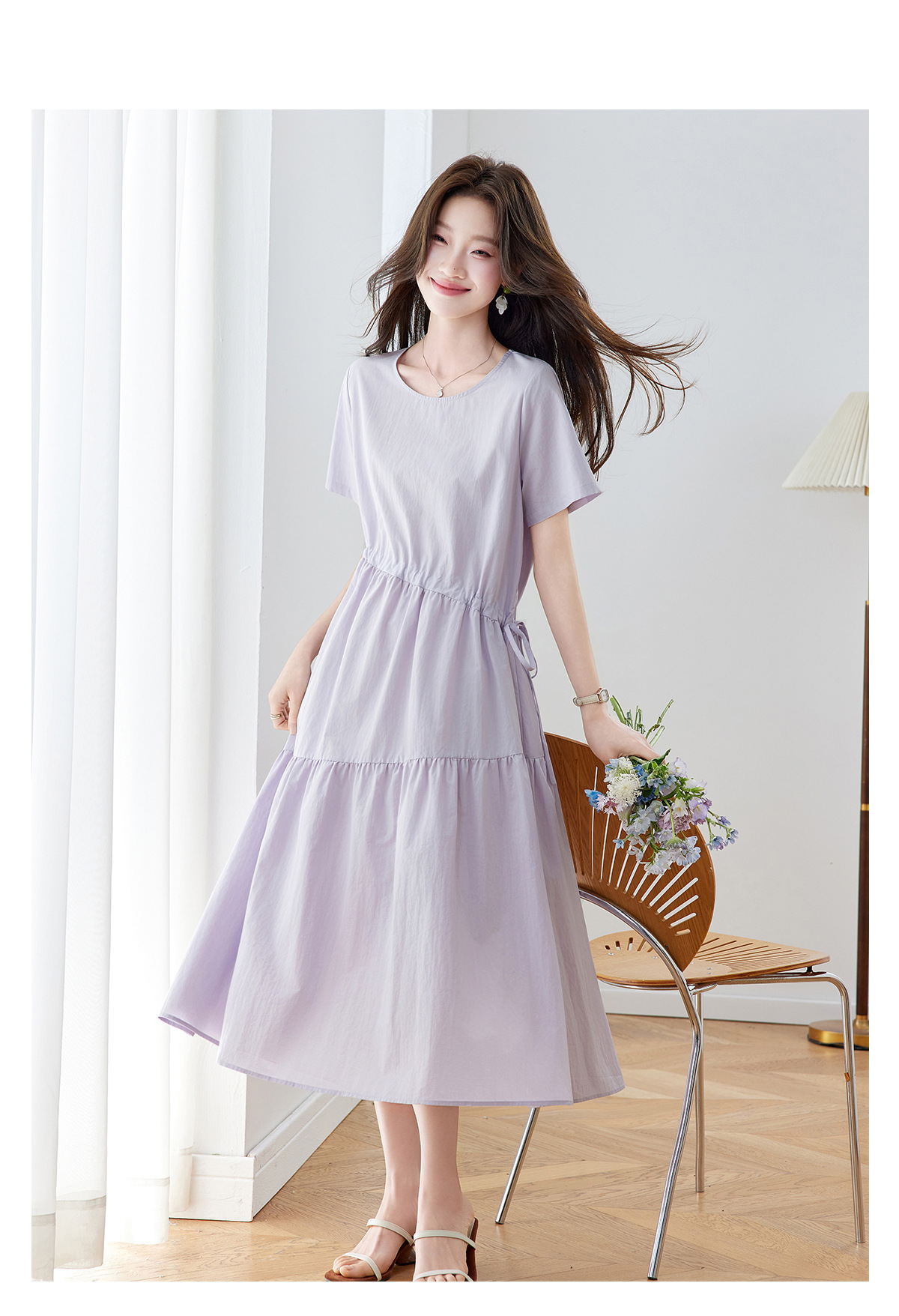 Đầm maxi nữ thắt eo dáng suông rút dây A-line tay ngắn JY2619 — màu tím nhạt, Vàng nhạt chi tiết 16
