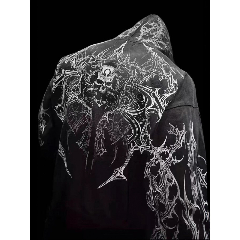 2026 American Trendy Brand Zipper Sweatshirt Autumn and Winter Dark Style Skull Print Hooded Cardigan