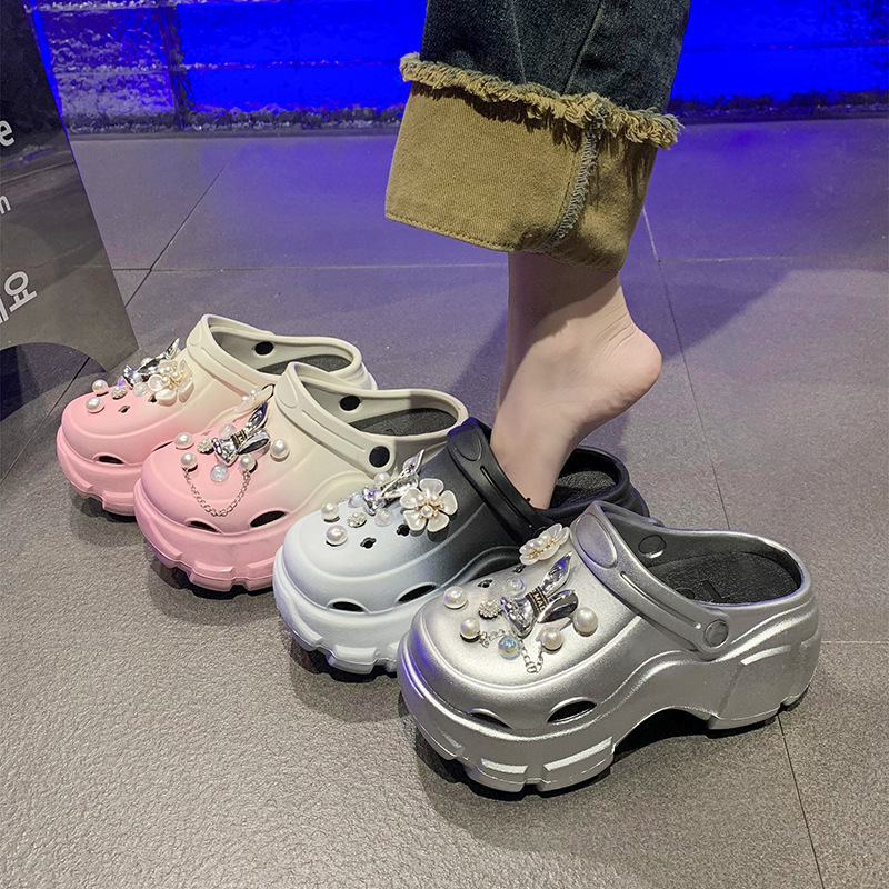 EVA Cave Shoes Women's Summer Crystal Love Detachable Outer Wear Thick Bottom Non-Slip Beach Soft Bottom Baotou Sandals and Slippers for Women