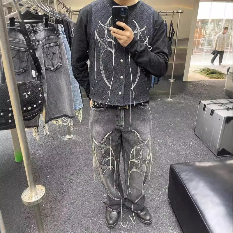 Thug club 24ss Tassel Washed Black Embroidered Loose Trousers Men's and Women's High Street Straight Jeans Black Cotton