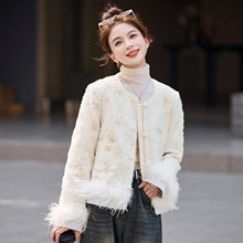 小香风刺绣亮片羽绒服女短款毛绒袖口轻奢显瘦外套冬季2025新款