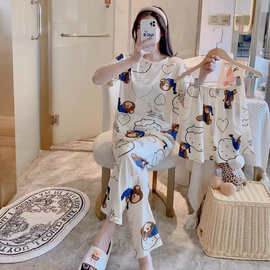 现货三件套PE拉链袋独立包装北美印花卡通图案女家居服东南亚批发