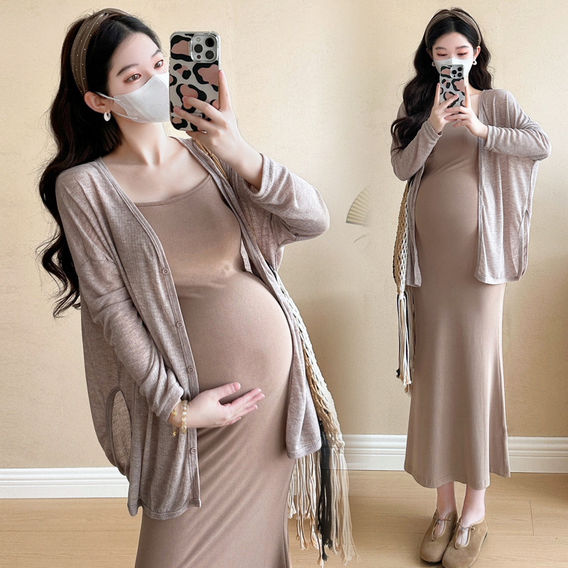 2025 Summer Thin Sweet Loose Sun Protection Small Cardigan + Slim-fit Slimming Mid-length Skirt with Suspender for Pregnant Women suit