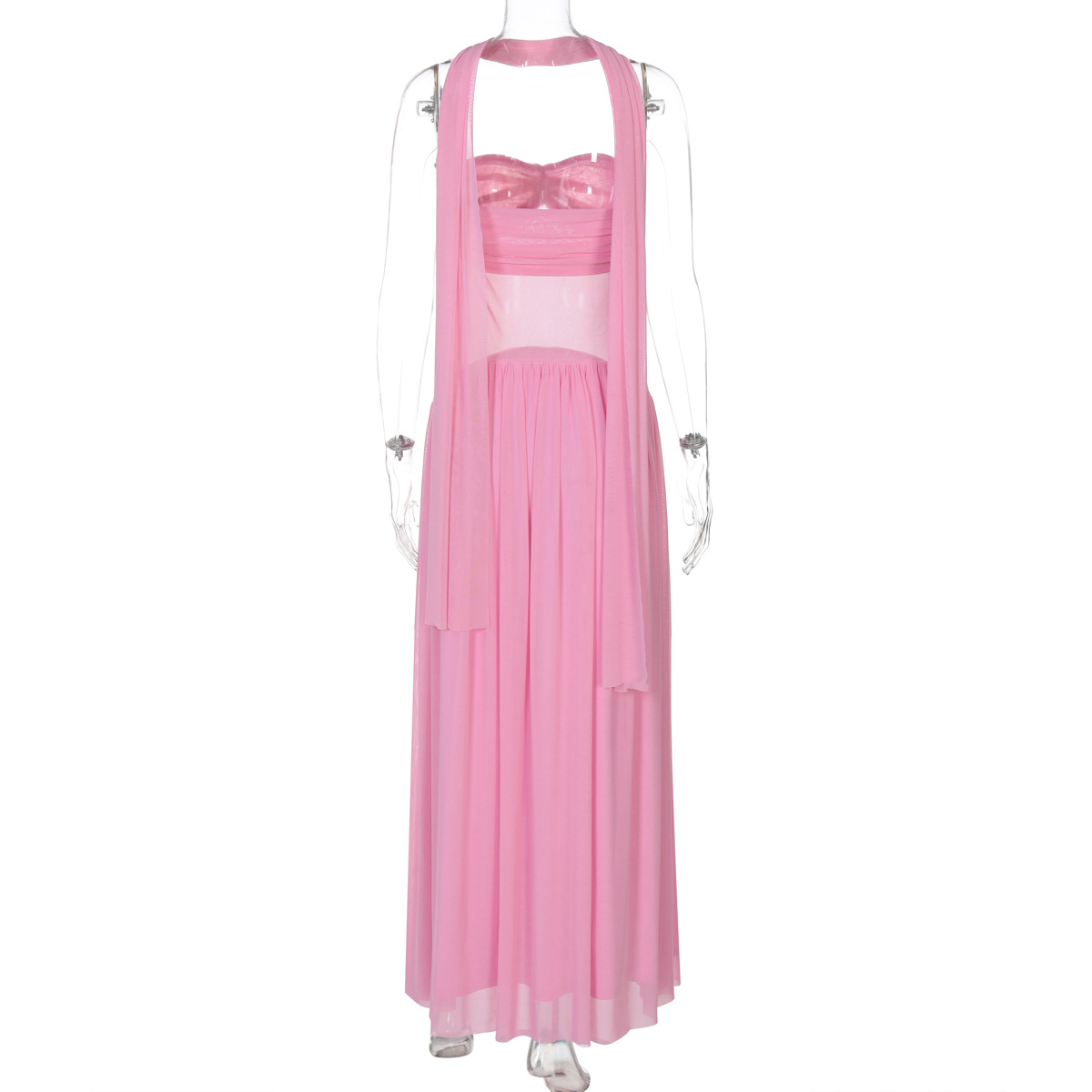 Women Clothing Summer Sexy Tube Top off Neck Mesh See through Mid Length Ribbon Dress