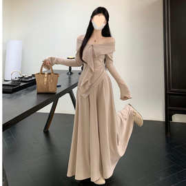 秋秋装2025新款一字肩针织连衣裙子女秋冬季韩系穿搭一整套装长裙