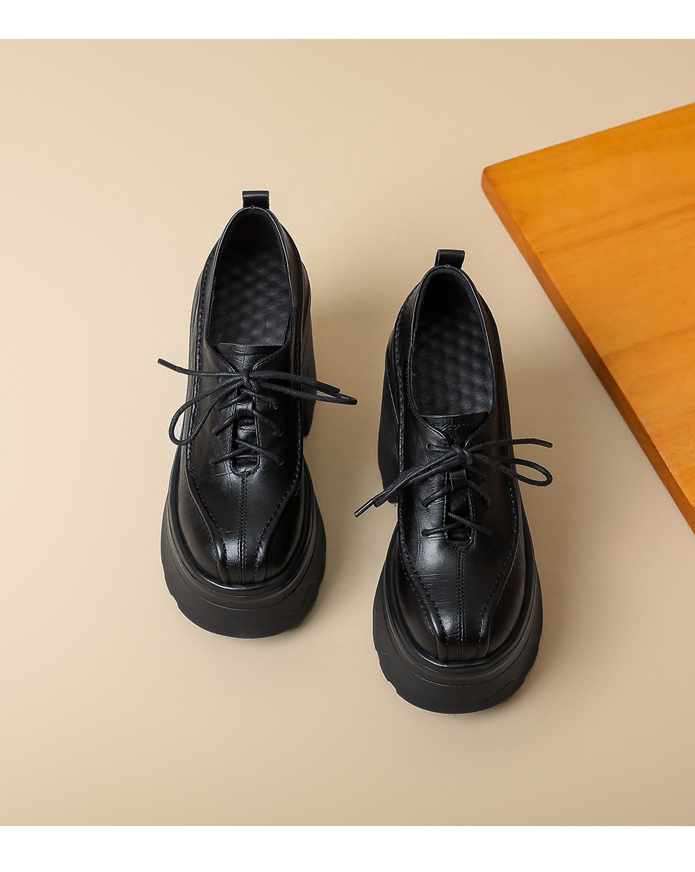 Giày loafer nữ đế xuồng cao gót 12 cm, mũi sâu buộc dây, da bò thật — màu nâu, màu đen chi tiết 15