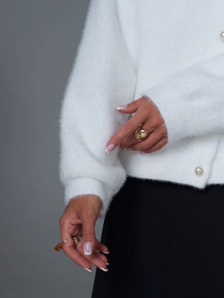 Cardigan aus Kunstnerzstrick – Weicher, übergroßer Strickmantel mit Knopfleiste (Einheitsgröße, Rundhalsausschnitt, lange Ärmel, dick und kuschelig, Weiß, perfekt zum Layern)_voghion.com