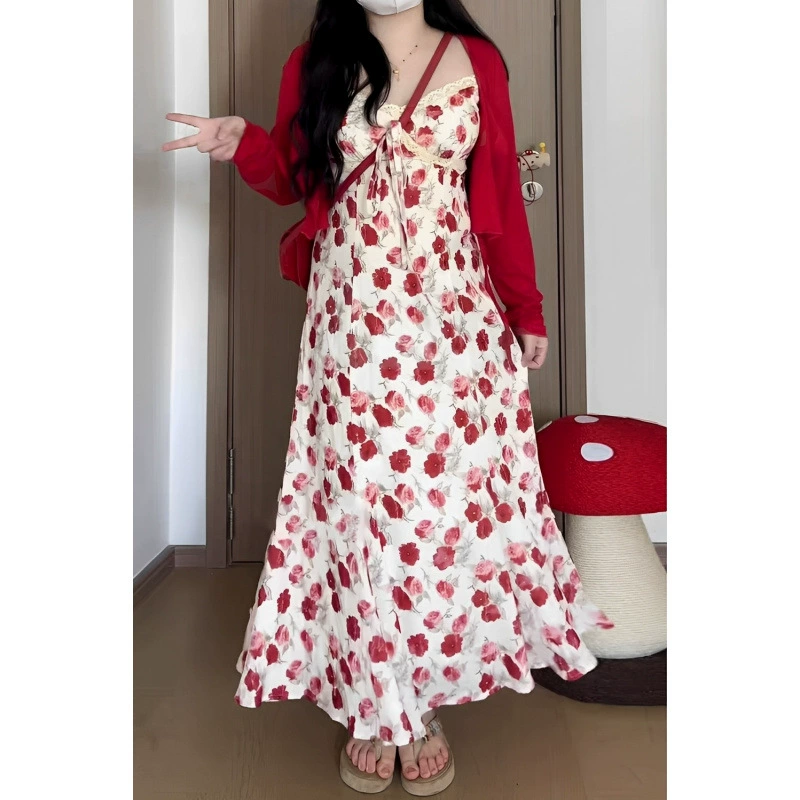 Женское платье на подтяжках больших размеров с цветочным принтом, женская летняя милая темпераментная юбка на подтяжках, вязаный солнцезащитный кардиган, женский костюм