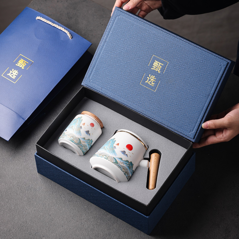 Wenchuang estilo cerámico chino de tres piezas taza de té taza de filtro taza de agua taza de marca regalo esculpido LOGO nombre