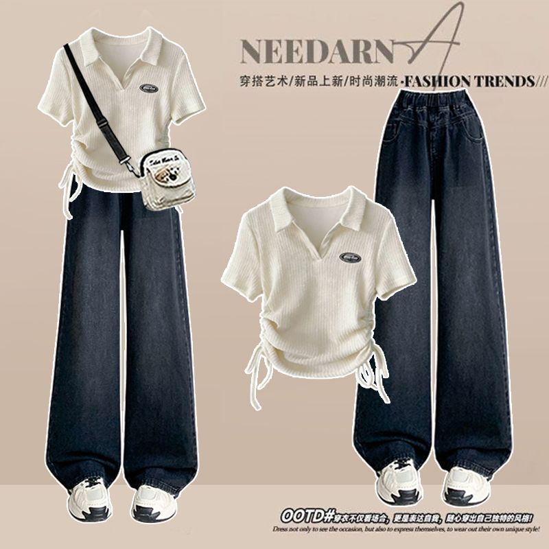 Fashionable Outfit # Designed with a Side Drawstring, This Summer Short-Sleeved Top Is Paired with High-Waisted Black Straight-Leg Jeans for Women. Fashionable Outfit # Designed with a Side Drawstring, This Summer Short-Sleeved Top Is Paired with High-Waisted Black Straight-Leg Jeans for Women.
