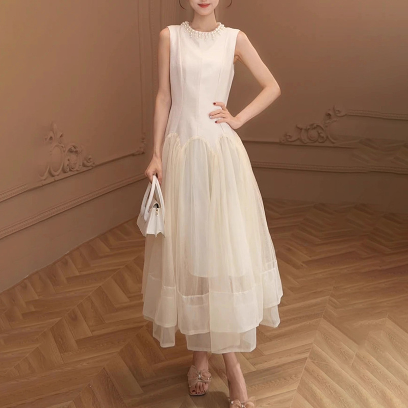 French Elegant Midi Dress Spring New Round Neck Sleeveless Bead Mesh Gown  Dress | eBay