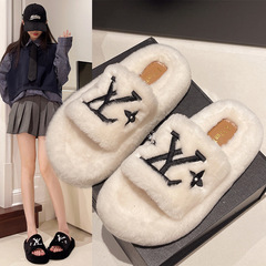 Xiaoxiangfeng 毛皮のようなスリッパ女性の秋と冬のアウターウェアプラスベルベット厚底インターネット有名人の新しいハイエンドニッチ綿厚底スリッパ