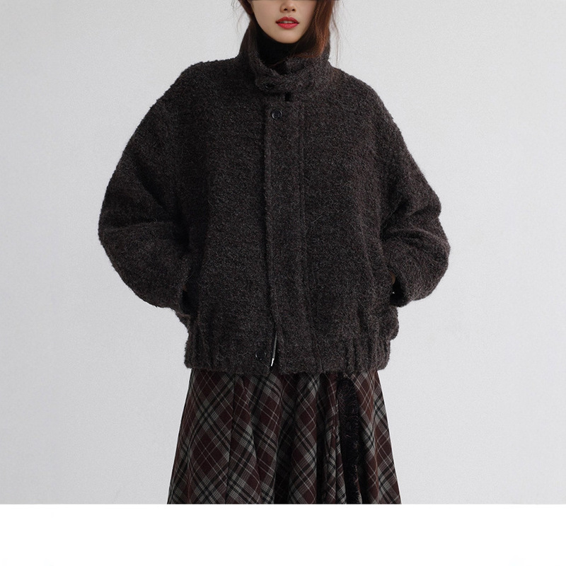 Fujii Shu's Same Style Mocha Silhouette Alpaca Wool Fluffy Soft Looped Stand Collar Silhouette Jacket for Women