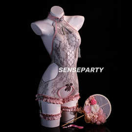 性感情趣内衣盘扣流苏饰纯欲透视网眼连体衣开裆免脱睡衣套装6597