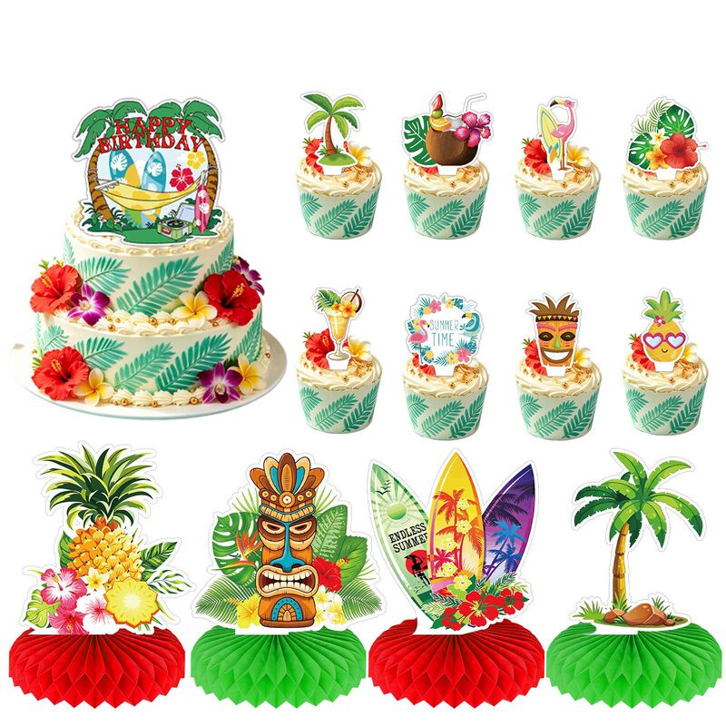 Hawaiian Party Cake Topper Set, Tropical Luau-Themed Birthday Dessert Table, Honeycomb Table Decorations Hawaiian Party Cake Topper Set, Tropical Luau-Themed Birthday Dessert Table, Honeycomb Table Decorations