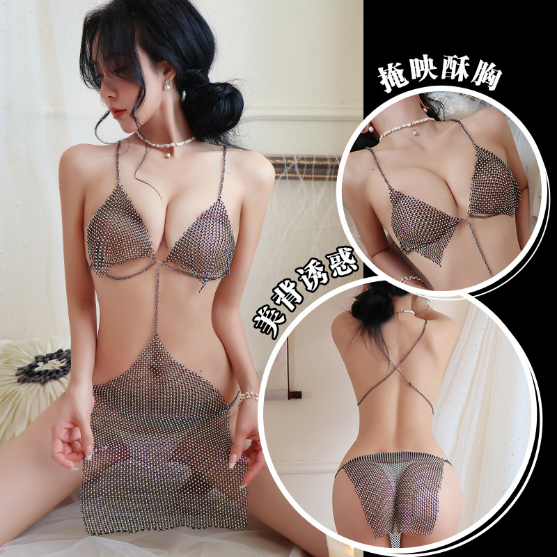 Long Night Sexy Underwear Sexy Fishing Net Chain Transparent Temptation dress Shiny Night Shop Women's Clothing 1926