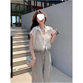 胖特大码300斤两件套装女短袖衬衫条纹阔腿裤子气质时尚松弛感2