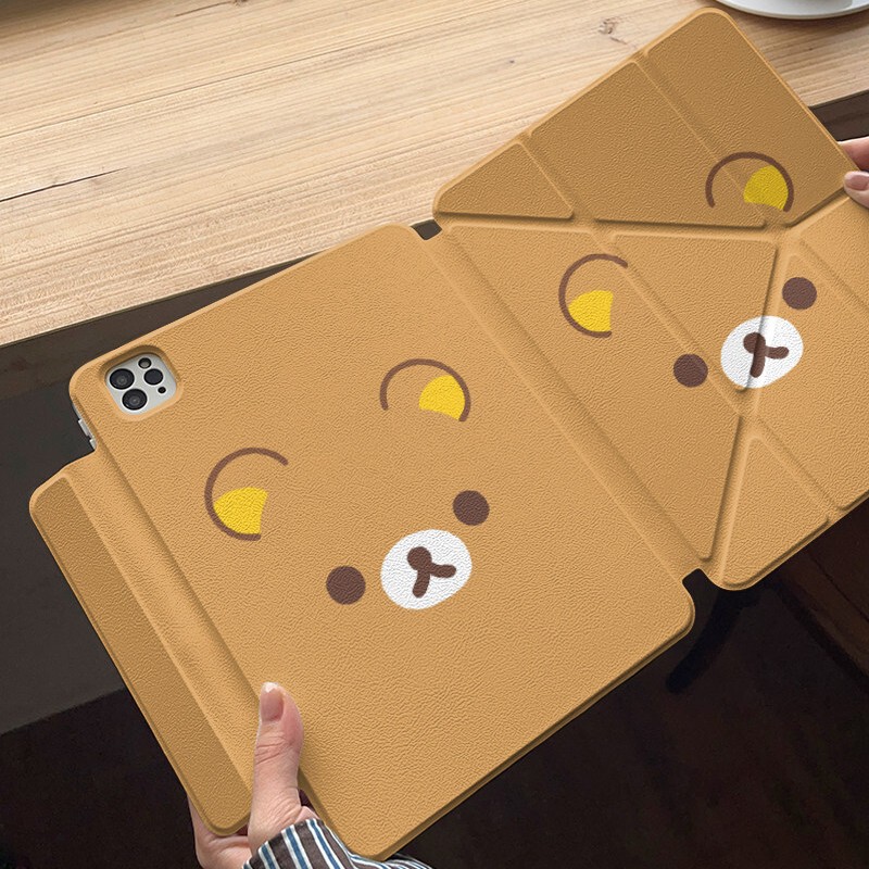 Cute Rilakkuma iPad Tablet Protective Case with Pen Slot for Apple Pro, Magnetic Detachable for Air, Cartoon Design for Mini