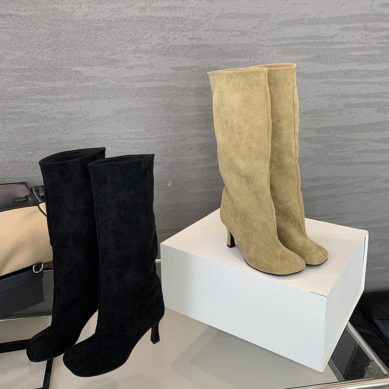 Factory Direct Supply 2025 New European and American Elegant Simple High-Heeled Round-Toe High Boots Work Clothing Versatile Pure Color Sleeve Boots