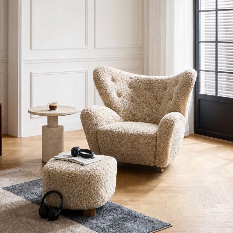 French-Style Vintage Lamb Wool Thetirdeman Leisure Chair Single Sofa Cream Wabi-Sabi Designer Solid Wood French-Style Vintage Lamb Wool Thetirdeman Leisure Chair Single Sofa Cream Wabi-Sabi Designer Solid Wood