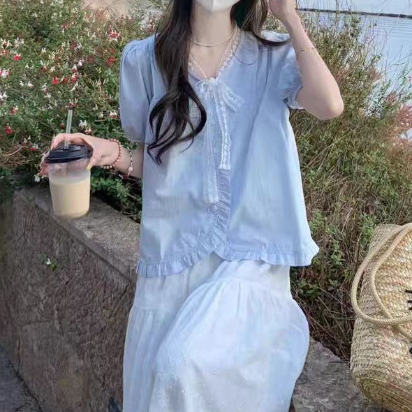Lace Lace Short-Sleeved Shirt Summer 2025 Doll New Design Bubble French Sweet Top Other Other