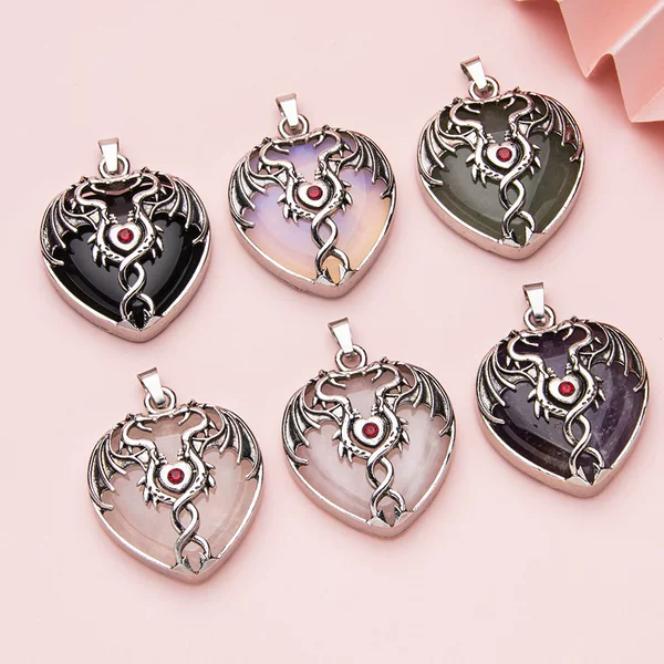 Natural Stone Crystal Vintage Winged Dragon Bag Gem Love Pendant Necklace DIY Gem Jewelry Necklace