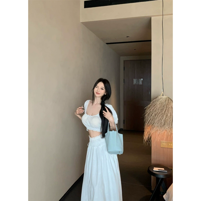 2025 Настоящая цена Блузка с пузырьковыми рукавами и большим U-образным вырезом Женский летний костюм с юбкой средней длины из жаккарда Женская одежда