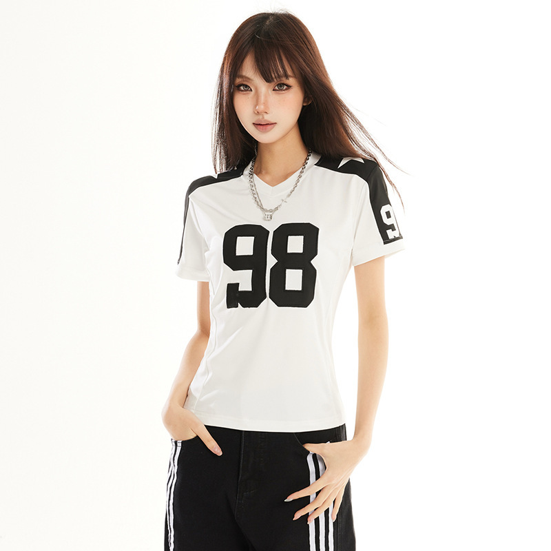 Yechuan # Retro Sports Short-Sleeved T-Shirt for Women in Spring, Slim-Fitting American Hot Girl Blokette Jersey Style Jersey