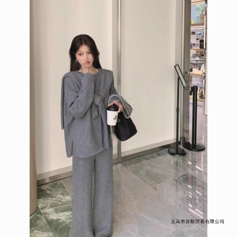 秋冬新款宽松显瘦套头针织套装女2025年直筒阔腿长裤纯色三件套潮|undefined