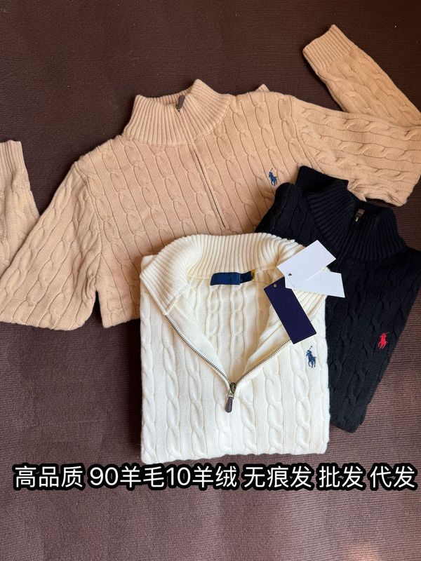 90羊毛10羊绒拉夫小马标复古半拉链绞花毛衣男女套头老钱风上衣|undefined
