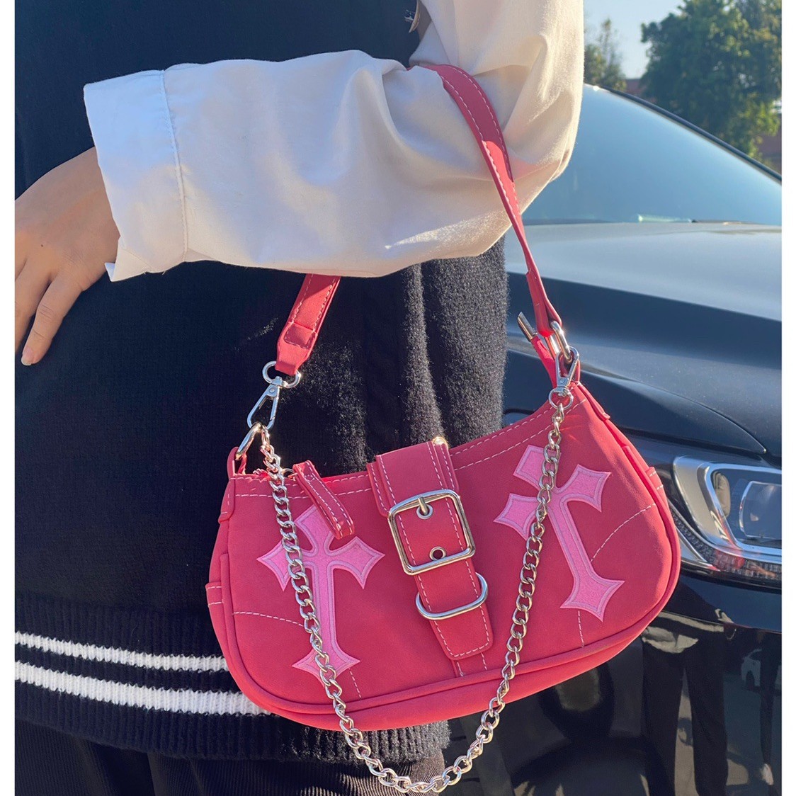 (2개) 로즈 바비 겨드랑이 오토바이 가방 크로스 Y2K 뜨거운 소녀 겨드랑이 가방 틈새 디자인 싱글 숄더 바게트 가방