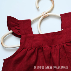 夏裝女童連衣裙100%亞麻紅色花苞兒童裙刺繡小女孩公主裙夏款童裝
